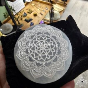 Selenite Palm Stone with Mandala Engraving & Velvet Pouch